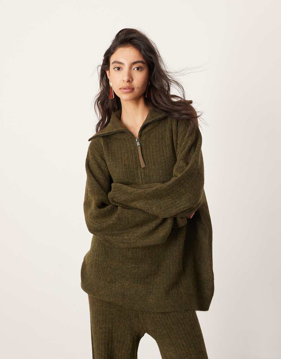 ASOS EDITION knit ribbed half zip oversized collar sweater in khaki - part of a set