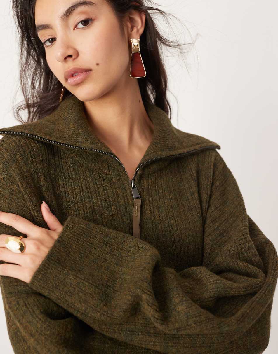ASOS EDITION knit ribbed half zip oversized collar sweater in khaki - part of a set
