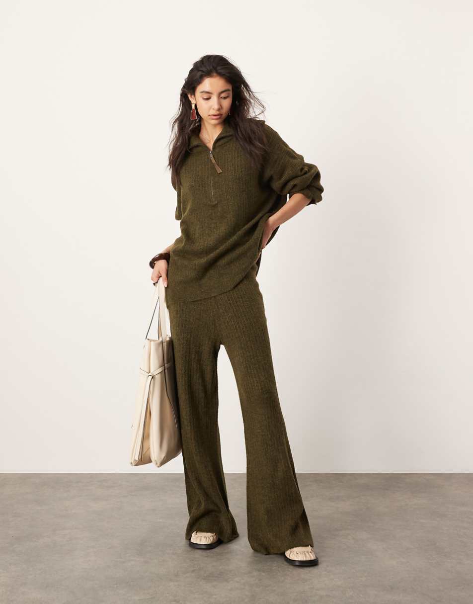 ASOS EDITION knit ribbed half zip oversized collar sweater in khaki - part of a set