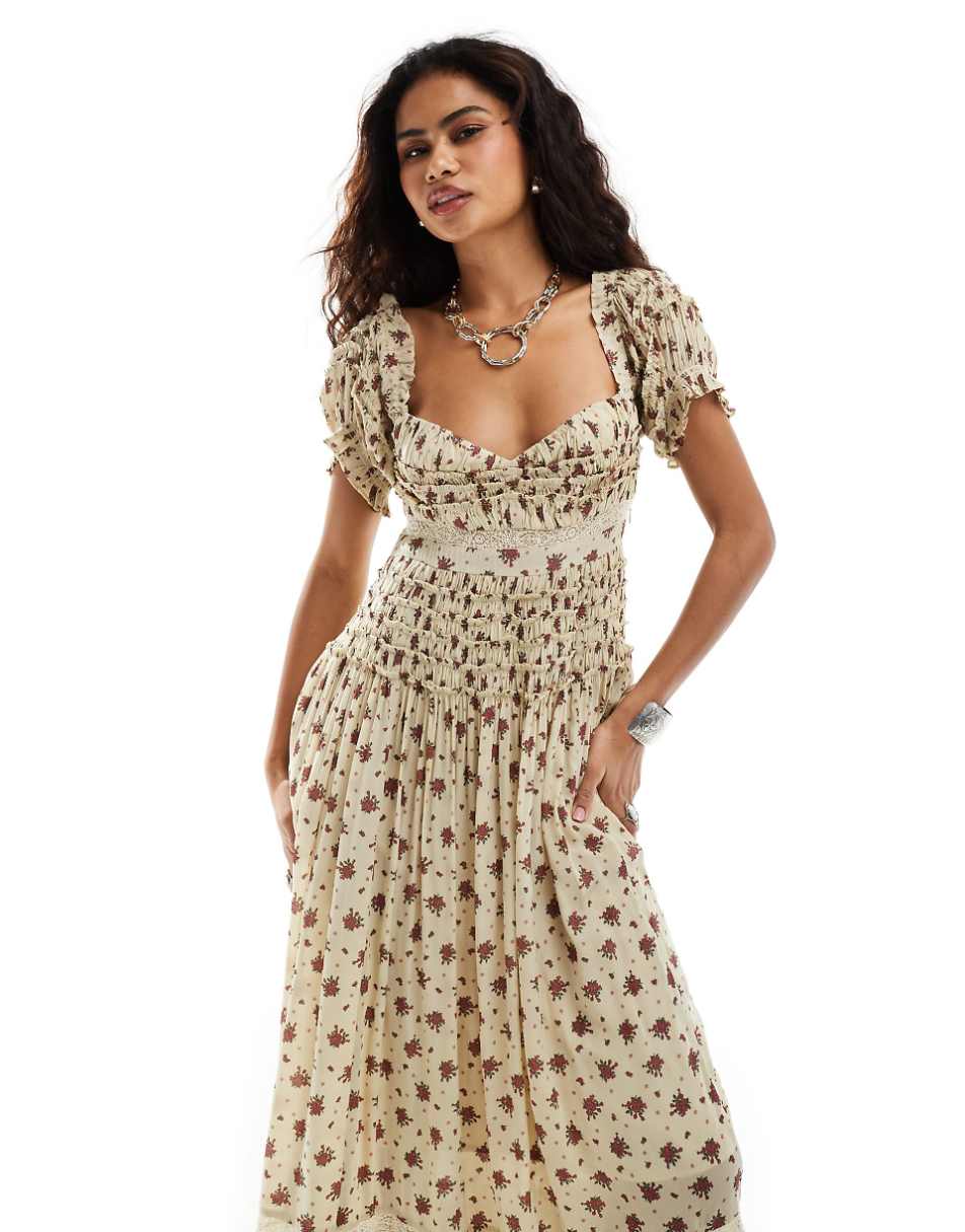 Free People shirred chintzy floral midaxi dress in neutral