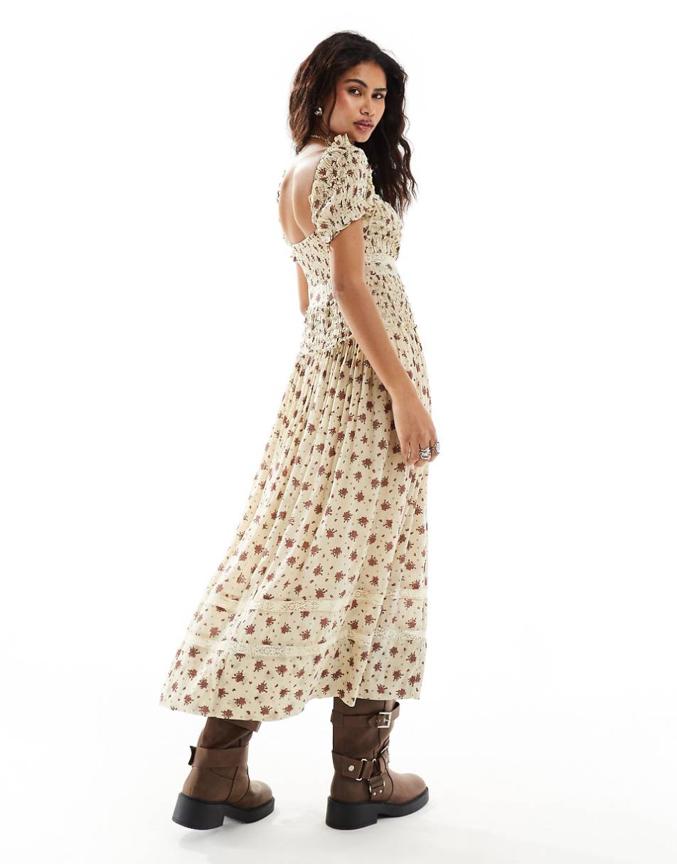Free People shirred chintzy floral midaxi dress in neutral