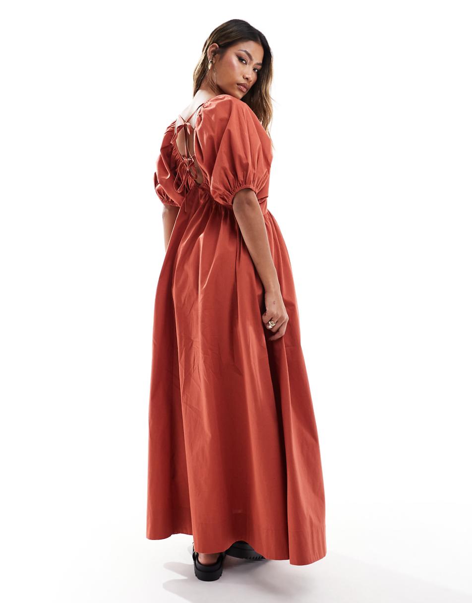 ASOS DESIGN ultimate puffed sleeve v-neck midi smock dress in rust