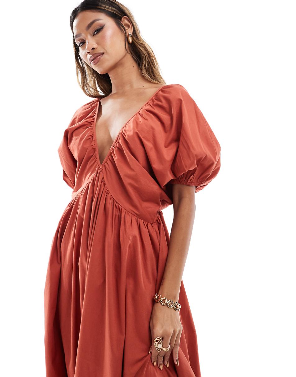ASOS DESIGN ultimate puffed sleeve v-neck midi smock dress in rust