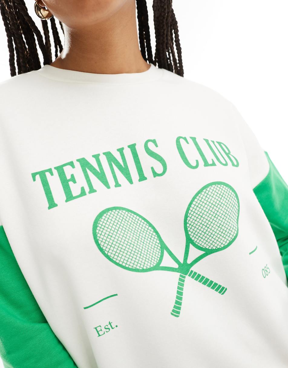 Pieces Sport Core 'Tennis Club' front print color block sweatshirt in green and white