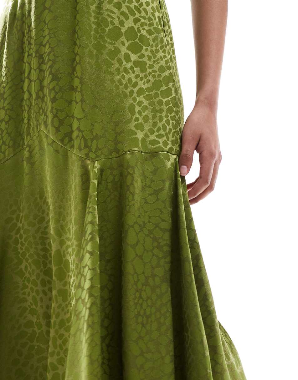 Never Fully Dressed cap sleeve satin jacquard midaxi dress in olive