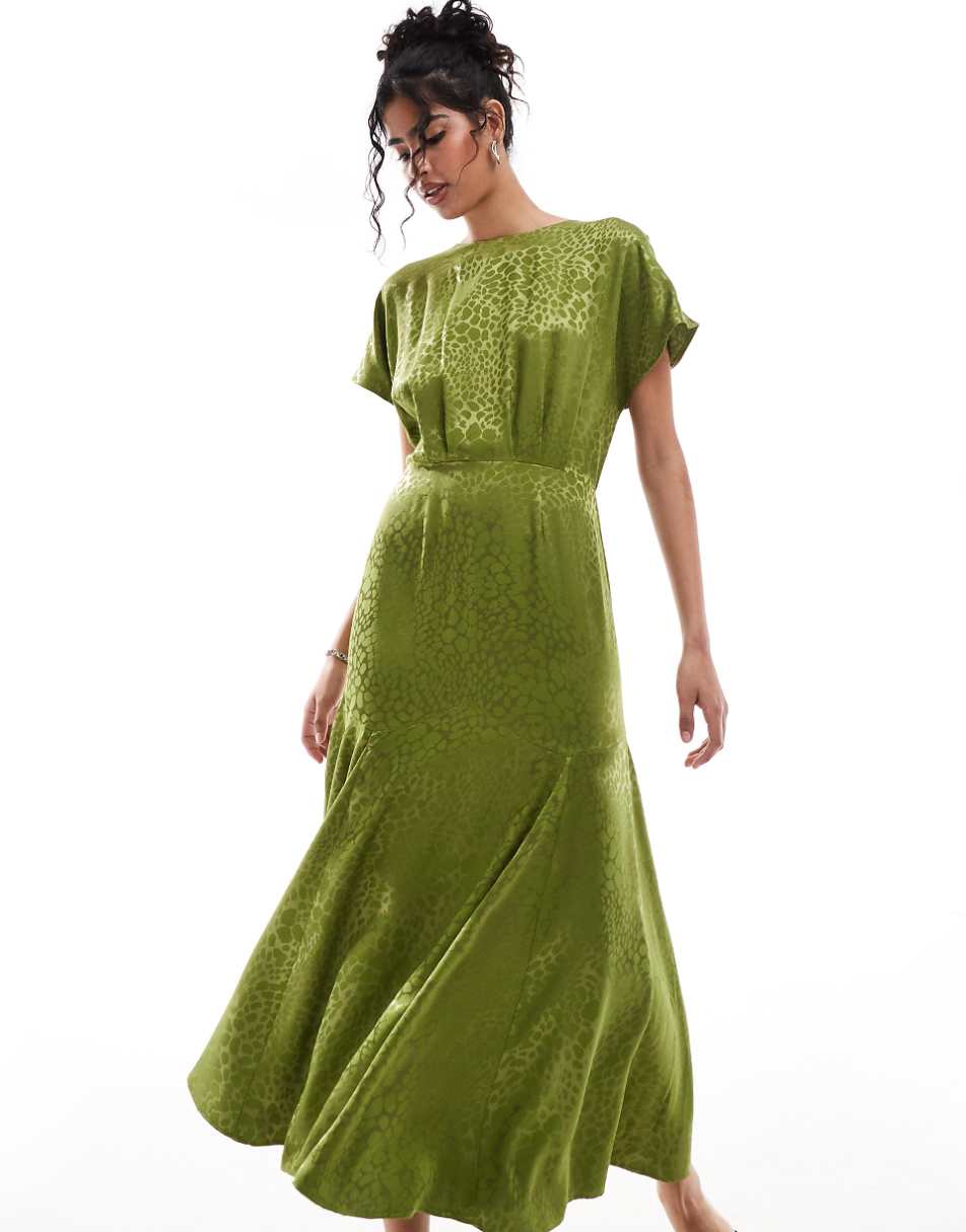 Never Fully Dressed cap sleeve satin jacquard midaxi dress in olive