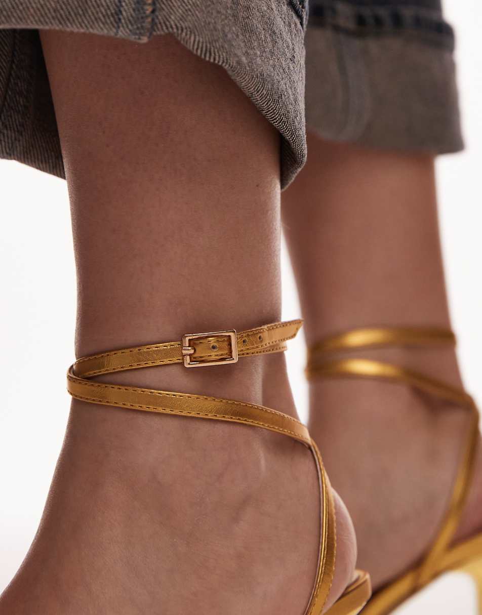 Topshop Fina barely there mid heeled sandals in gold