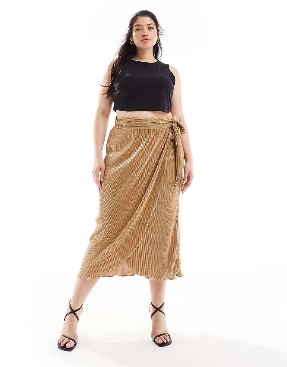Never Fully Dressed Plus Jaspre plisse midi skirt in gold