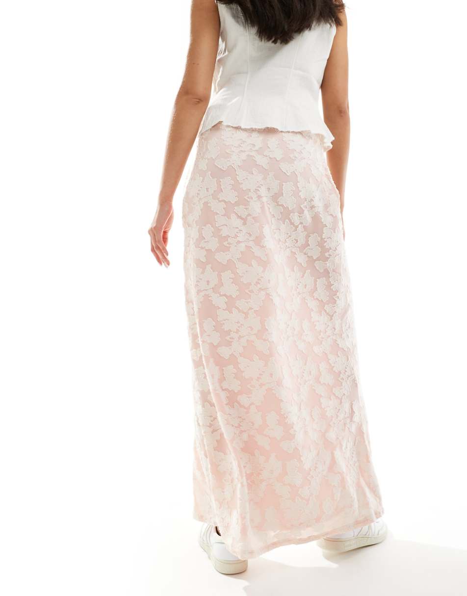 Daisy Street mid rise jacquard maxi skirt with lace trim in pink