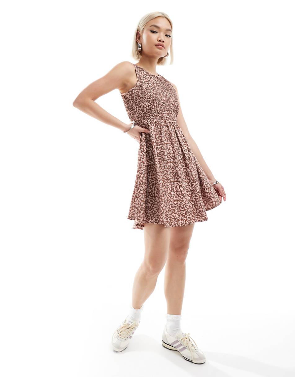 Daisy Street shirred mini tea dress in brown pink floral