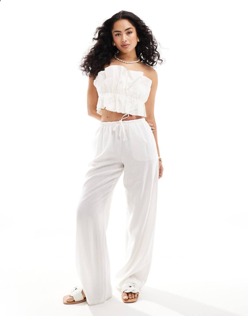 Bershka tie waist wide leg linen pants in white