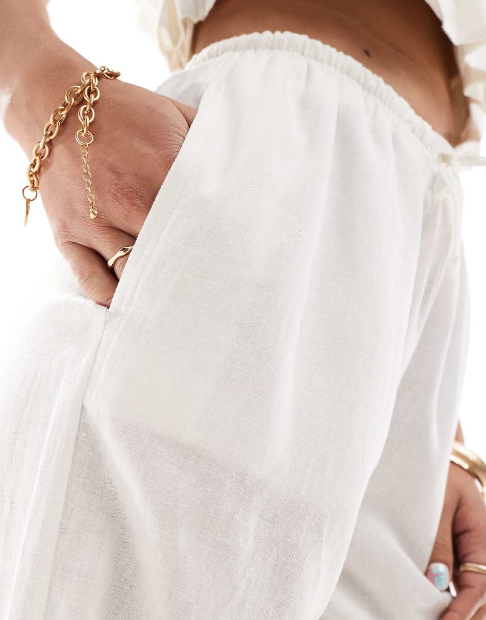 Bershka tie waist wide leg linen pants in white