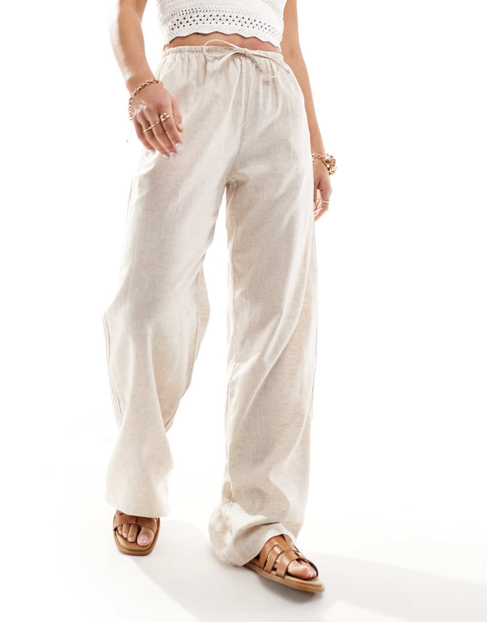 Bershka tie waist wide leg linen pants in sand