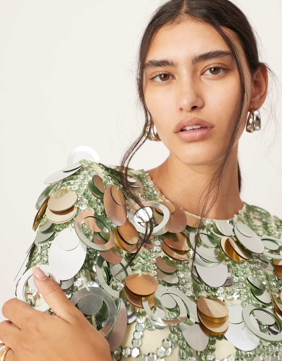 ASOS EDITION stacked multi sequin long sleeve column midaxi dress in green