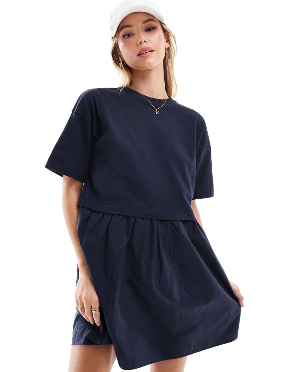 Miss Selfridge short sleeve t-shirt poplin hybrid smock mini dress in navy