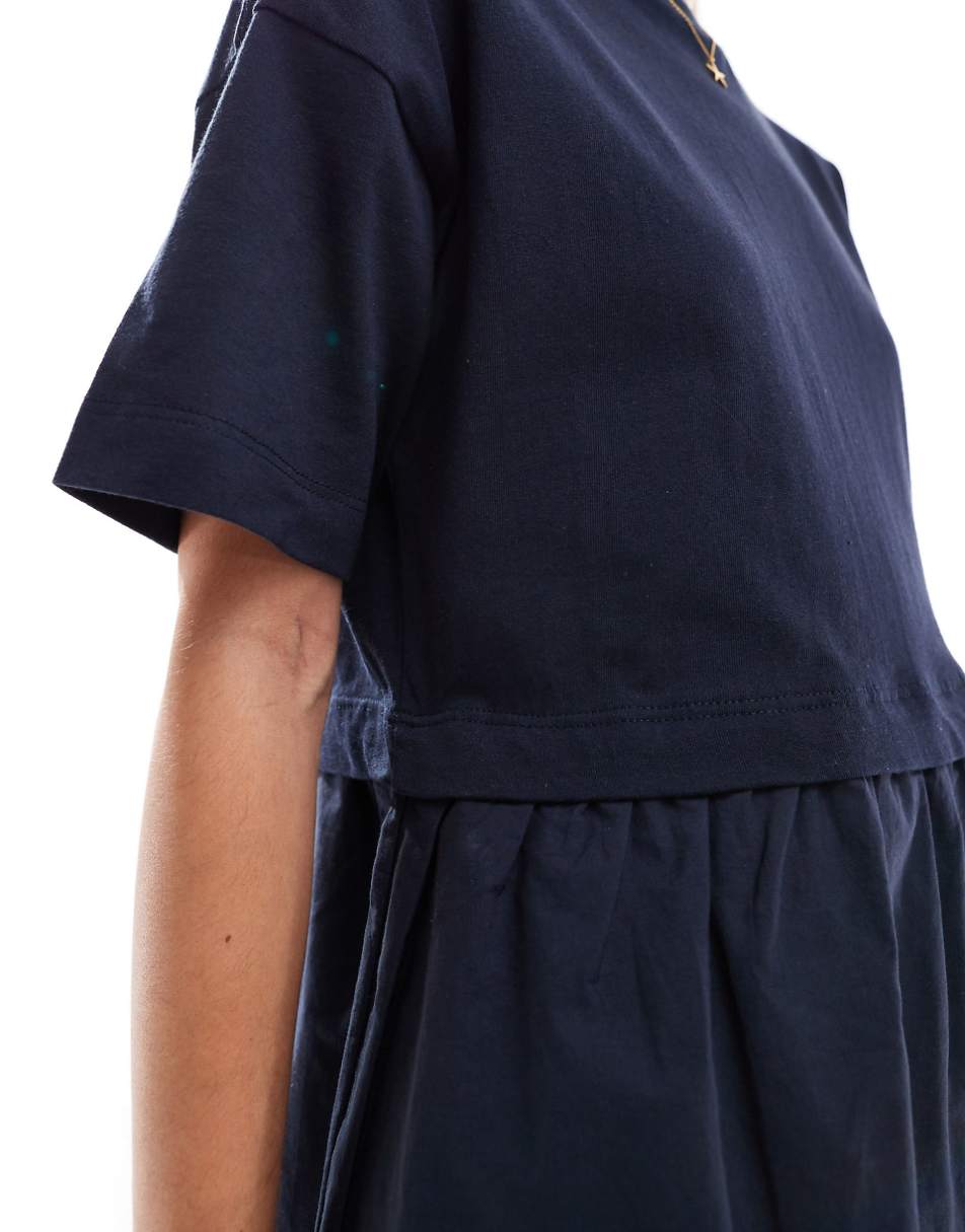 Miss Selfridge short sleeve t-shirt poplin hybrid smock mini dress in navy