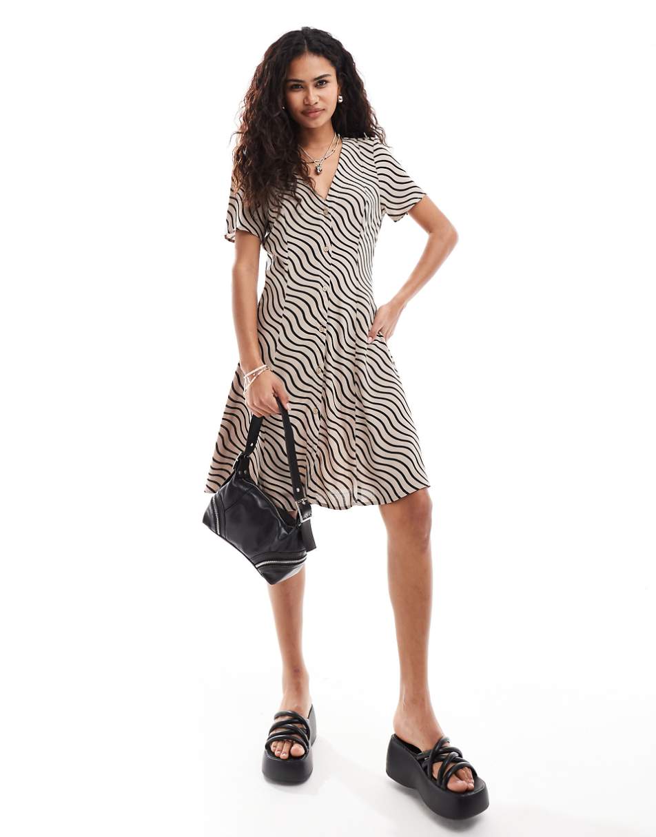 Monki button up mini dress with v neck in wave print