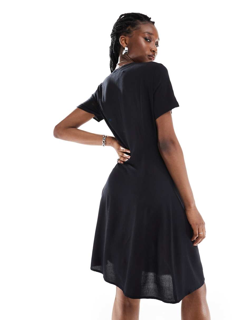 Monki button through mini dress with v neck in black