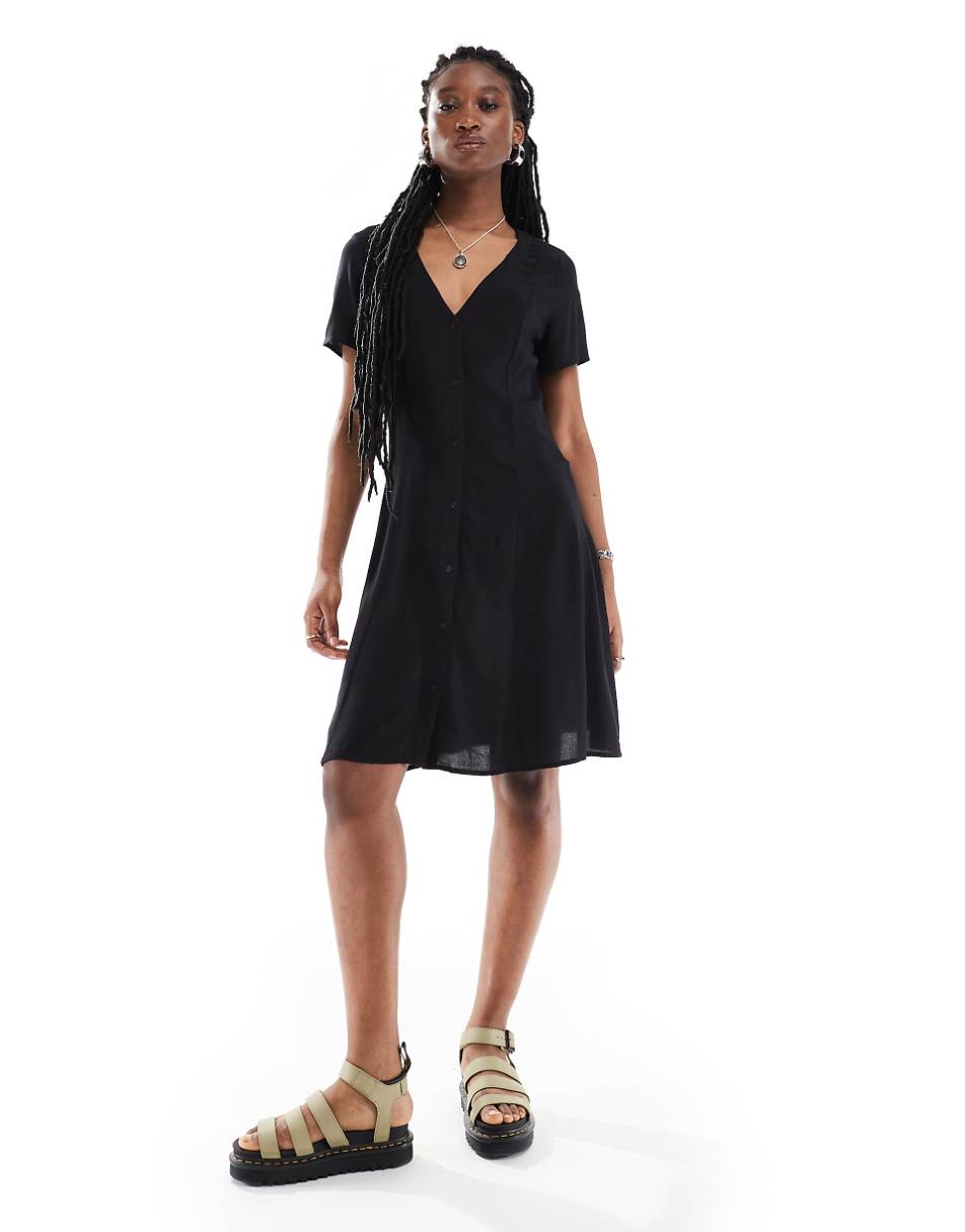 Monki button through mini dress with v neck in black