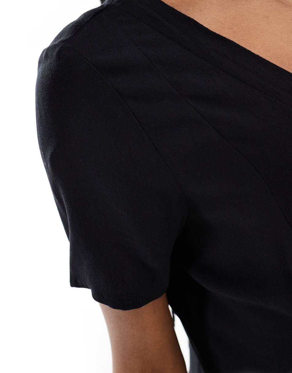 Monki button through mini dress with v neck in black