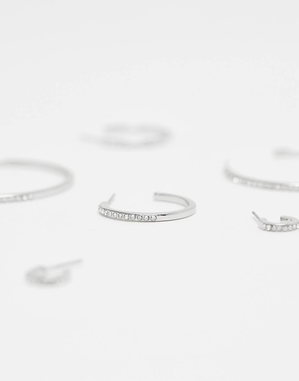 Monki 3 pack multiple size silver hoops with crystals in silver