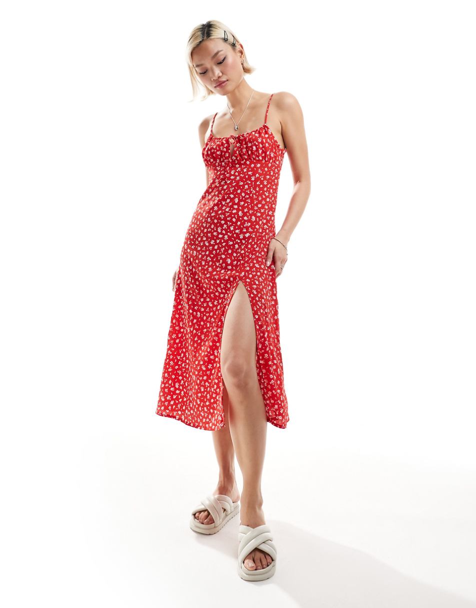 Monki strappy midi dress with slit in red ditsy print