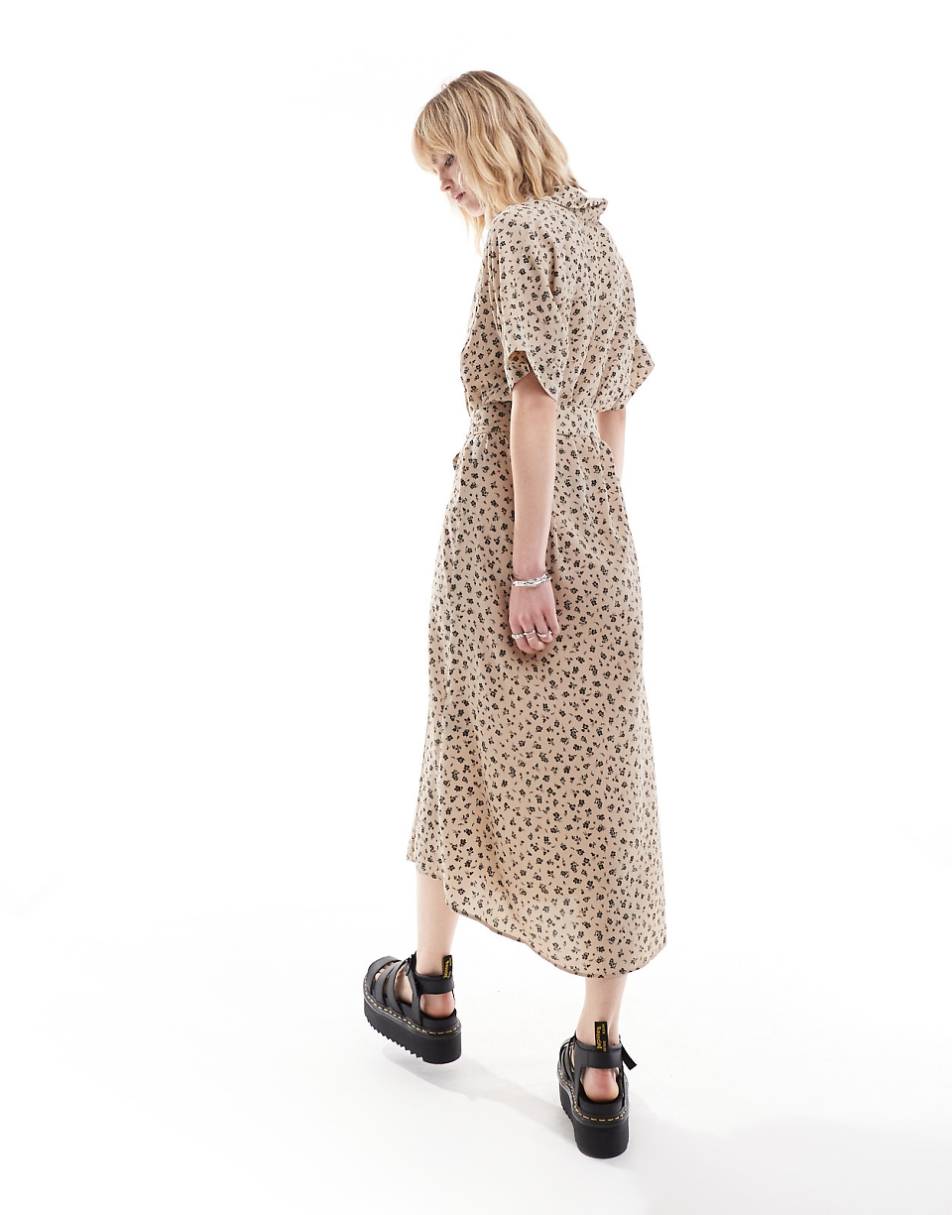 Monki midaxi belted shirt dress in light brown ditsy print