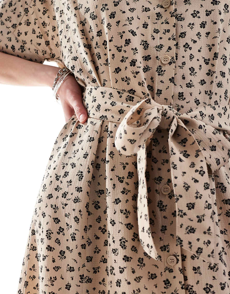 Monki midaxi belted shirt dress in light brown ditsy print