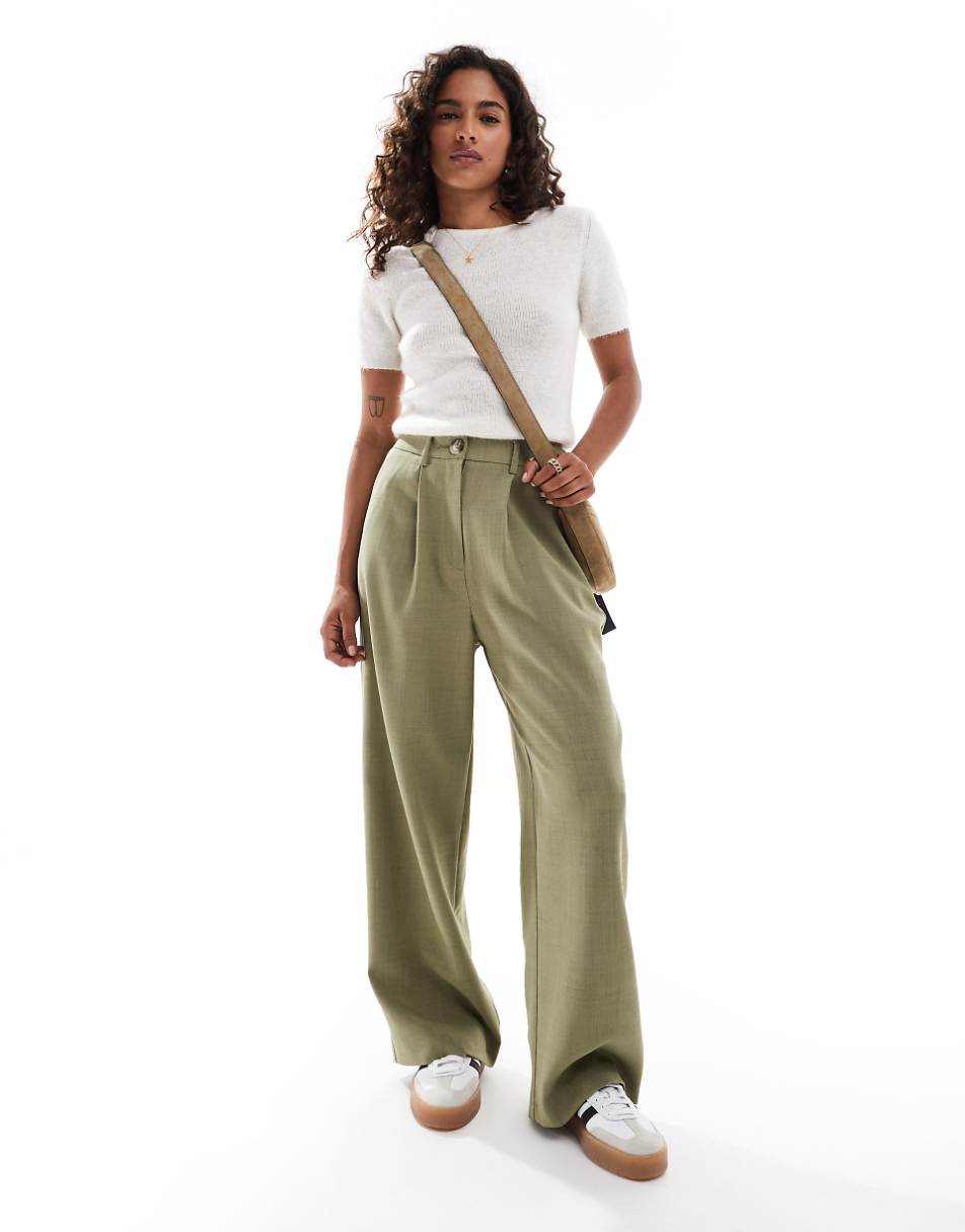 Miss Selfridge Petite tailored wide leg dad pants in khaki