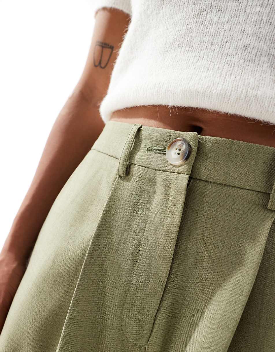 Miss Selfridge Petite tailored wide leg dad pants in khaki
