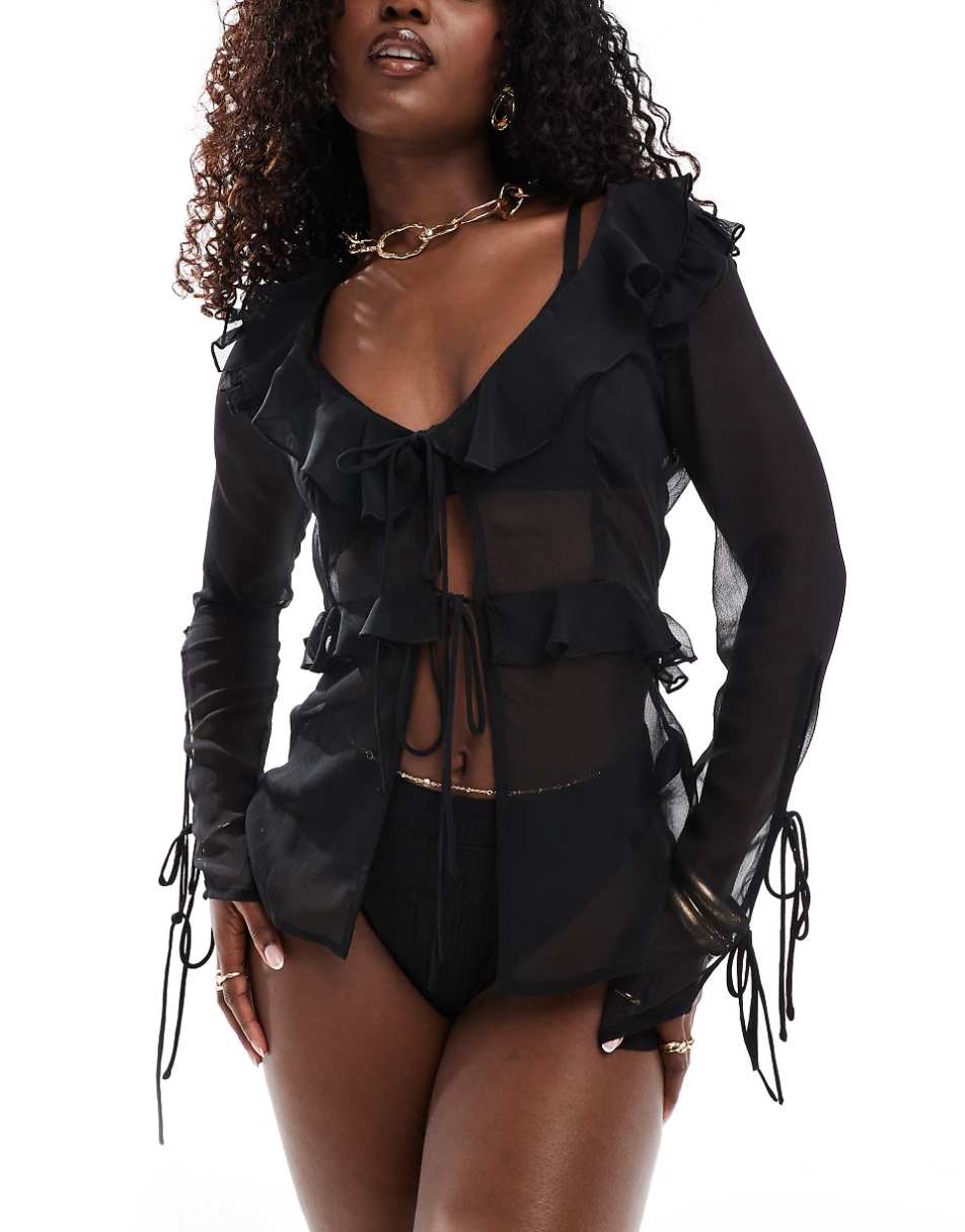 Miss Selfridge beach chiffon tie front cover up in black