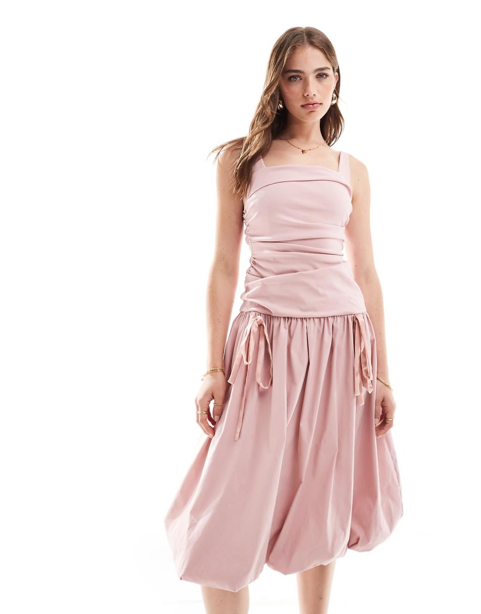 ASOS DESIGN ruched puff hem midi dress with satin bow details in light pink