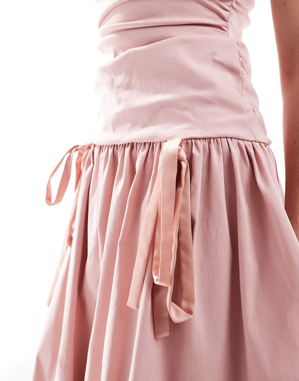 ASOS DESIGN ruched puff hem midi dress with satin bow details in light pink