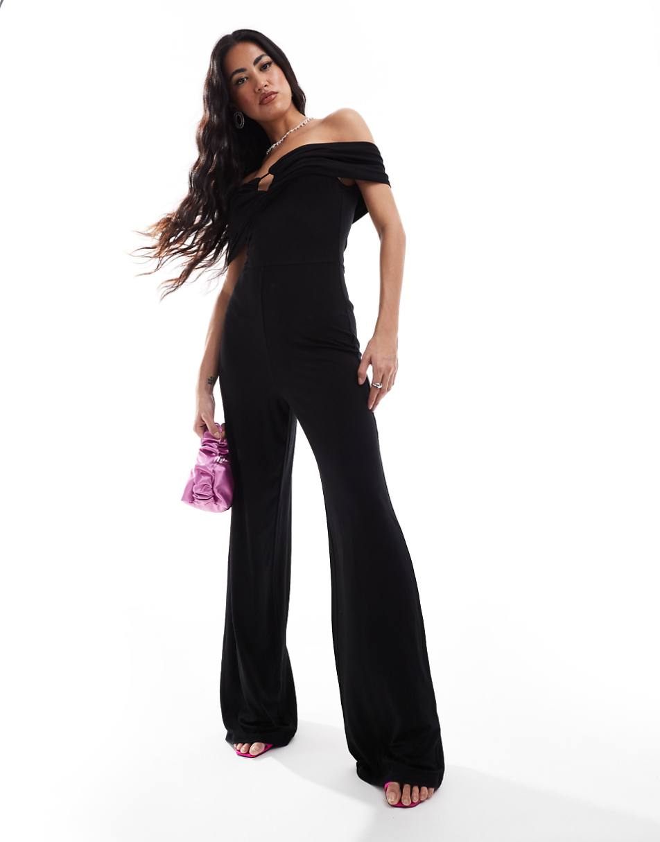 ASOS DESIGN ruched off the shoulder jumpsuit with front cut out in black