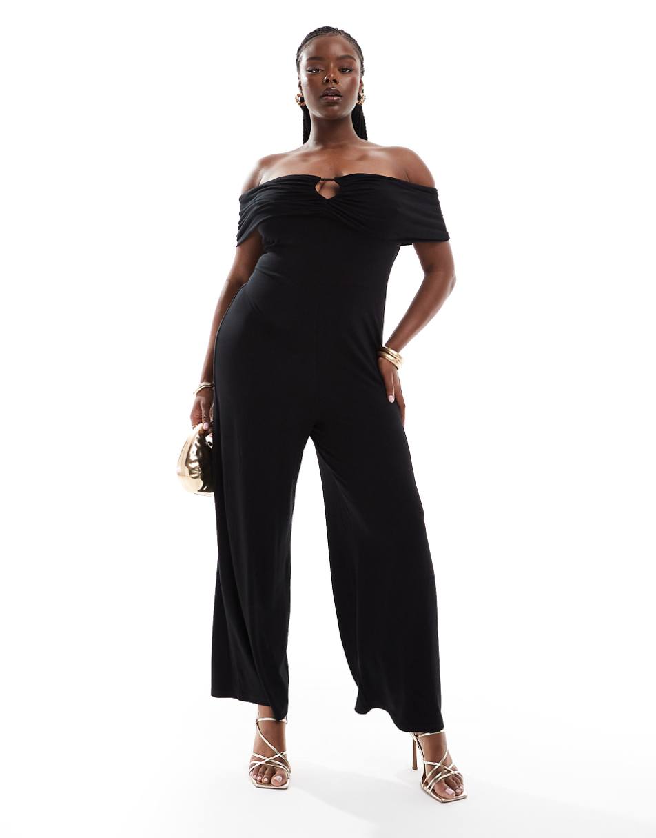 ASOS DESIGN ruched off the shoulder jumpsuit with front cut out in black