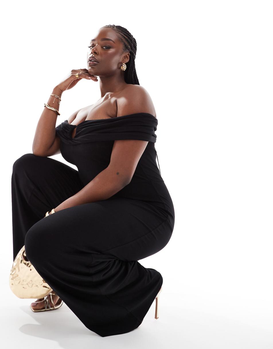 ASOS DESIGN ruched off the shoulder jumpsuit with front cut out in black