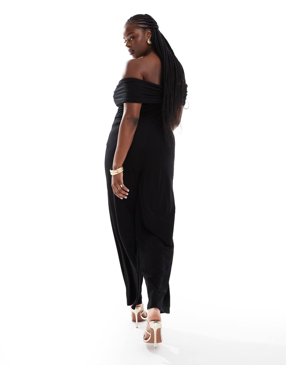 ASOS DESIGN ruched off the shoulder jumpsuit with front cut out in black