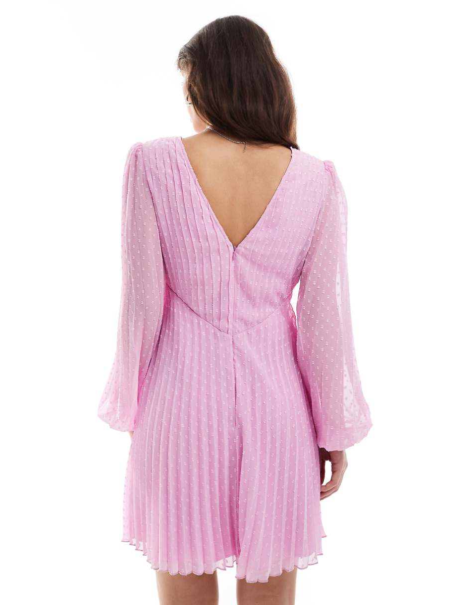 ASOS DESIGN textured angel sleeve deep plunge wrap pleated mini dress in lilac