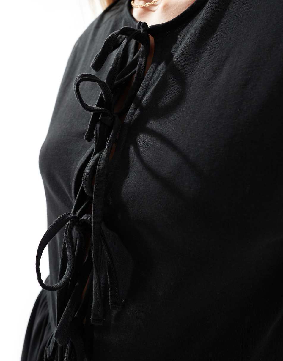 ASOS DESIGN puff sleeve maxi dress with tie up bodice in black