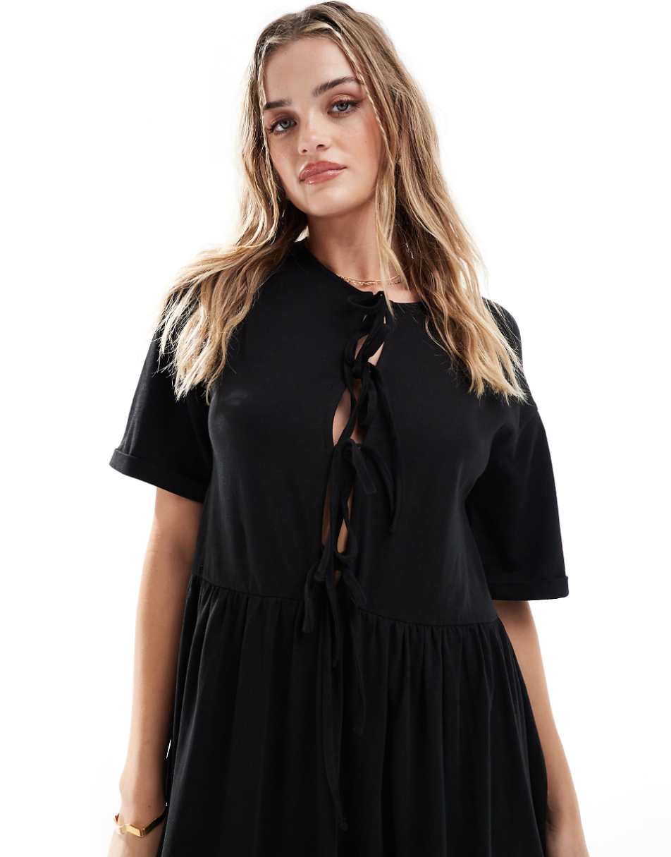 ASOS DESIGN puff sleeve maxi dress with tie up bodice in black