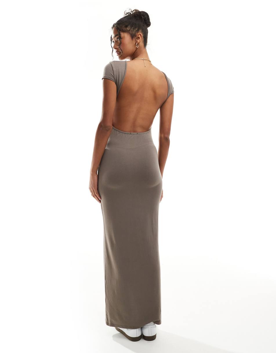 Miss Selfridge cap sleeve backless maxi dress in neutral