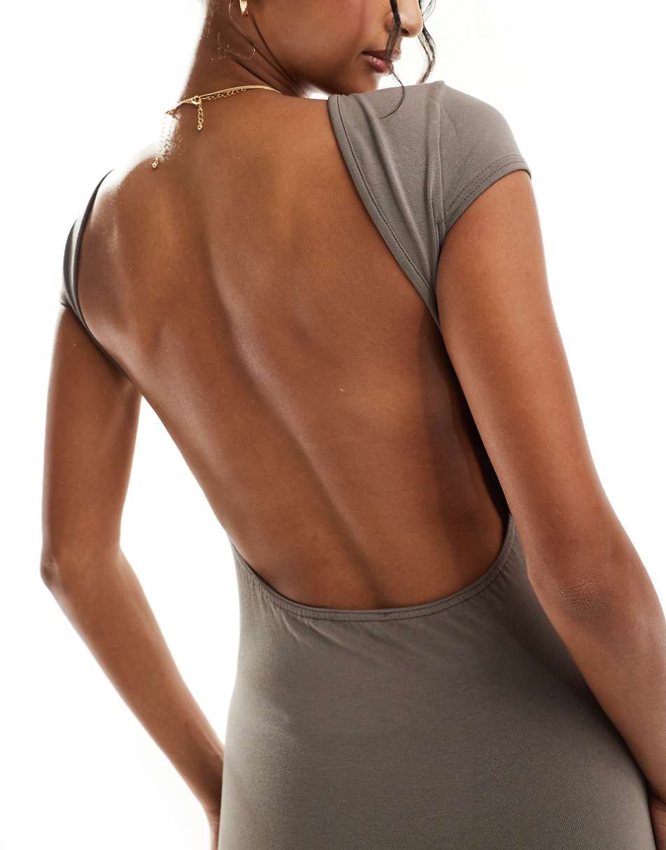 Miss Selfridge cap sleeve backless maxi dress in neutral