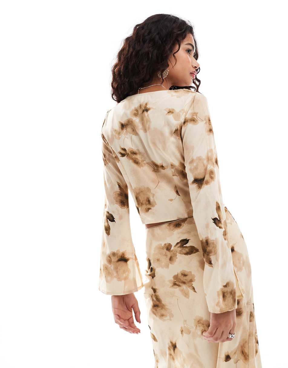 Kiss The Sky retro flower print long sleeve blouse in yellow