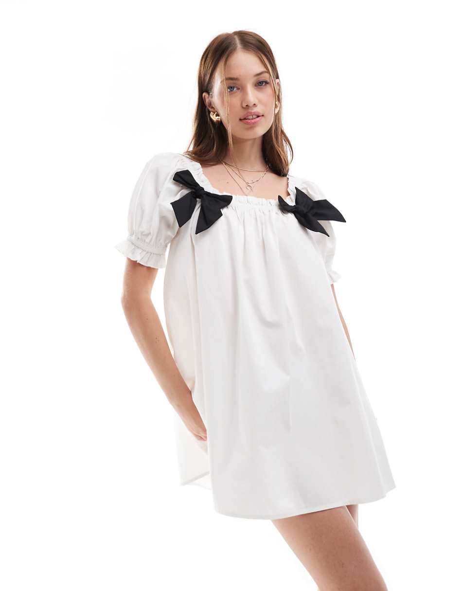 Miss Selfridge poplin contrast bow detail mini smock dress in white