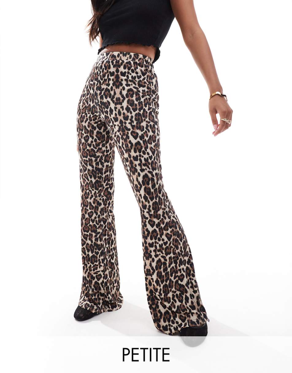 ONLY Petite ribbed flared pants in leopard print