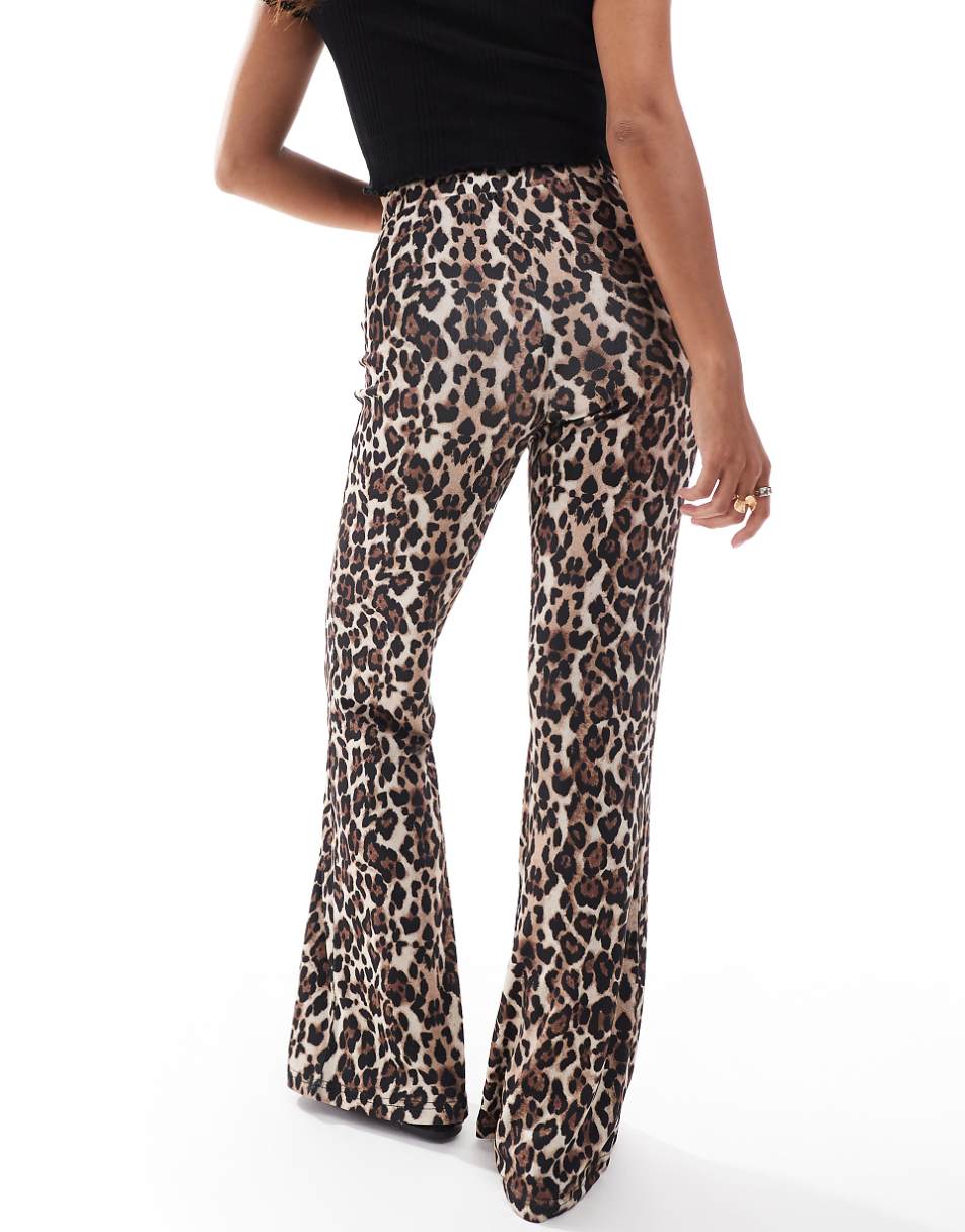 ONLY Petite ribbed flared pants in leopard print