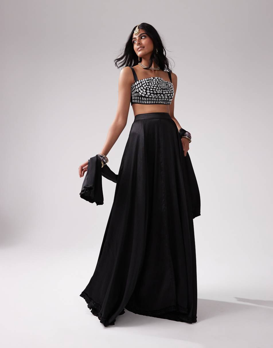 Kanya London Lehenga full flare frill skirt & dupatta in black - part of a set