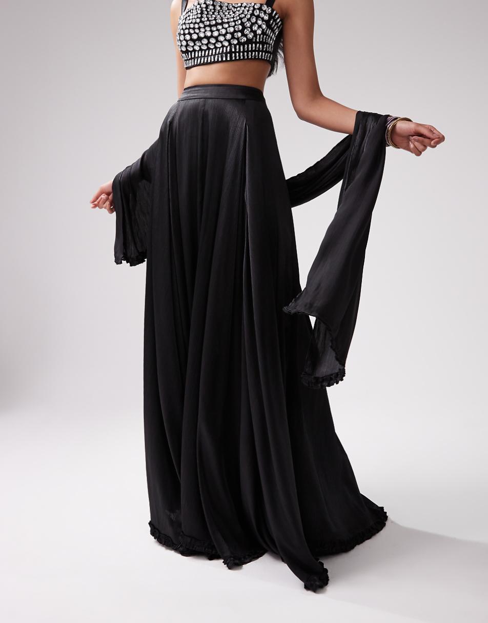 Kanya London Lehenga full flare frill skirt & dupatta in black - part of a set