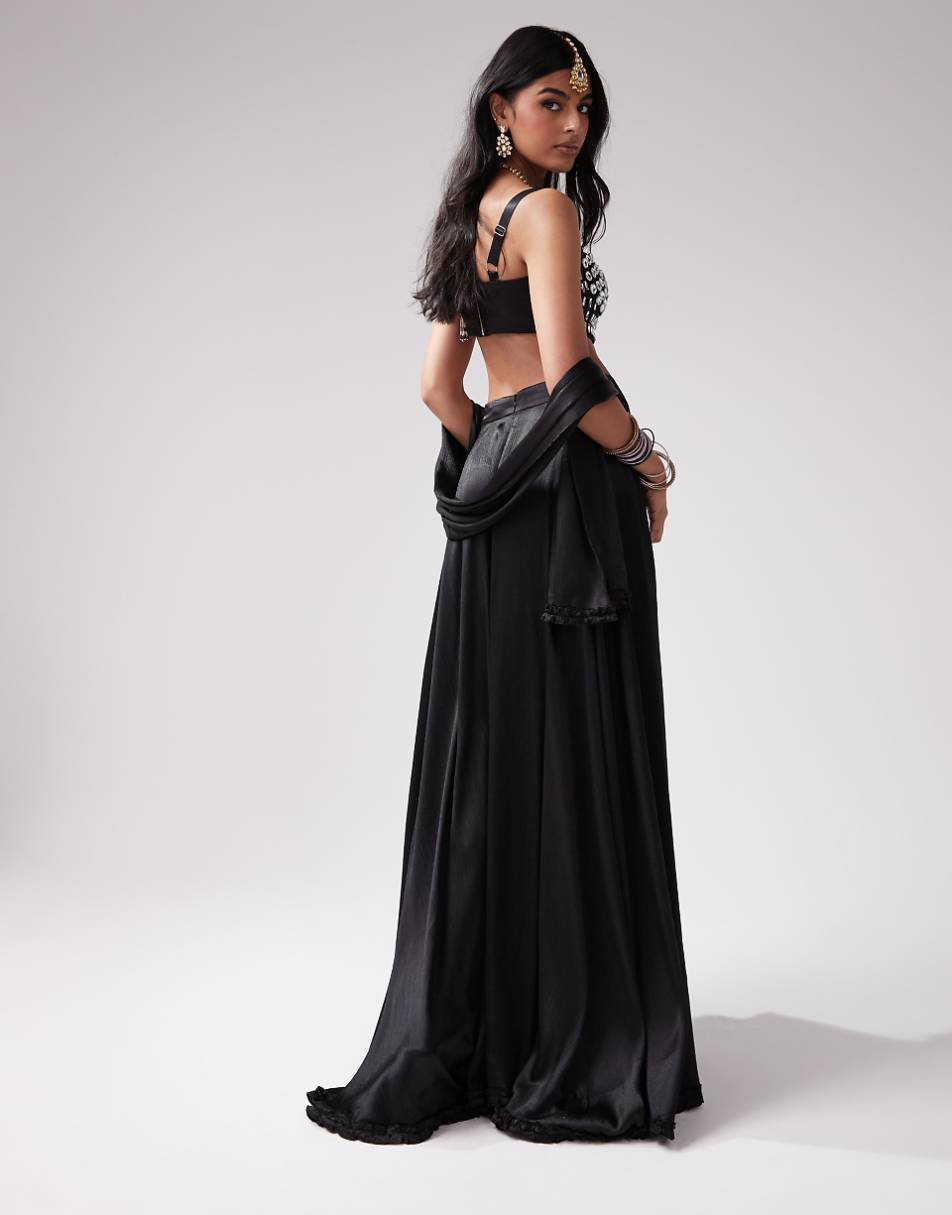 Kanya London Lehenga full flare frill skirt & dupatta in black - part of a set