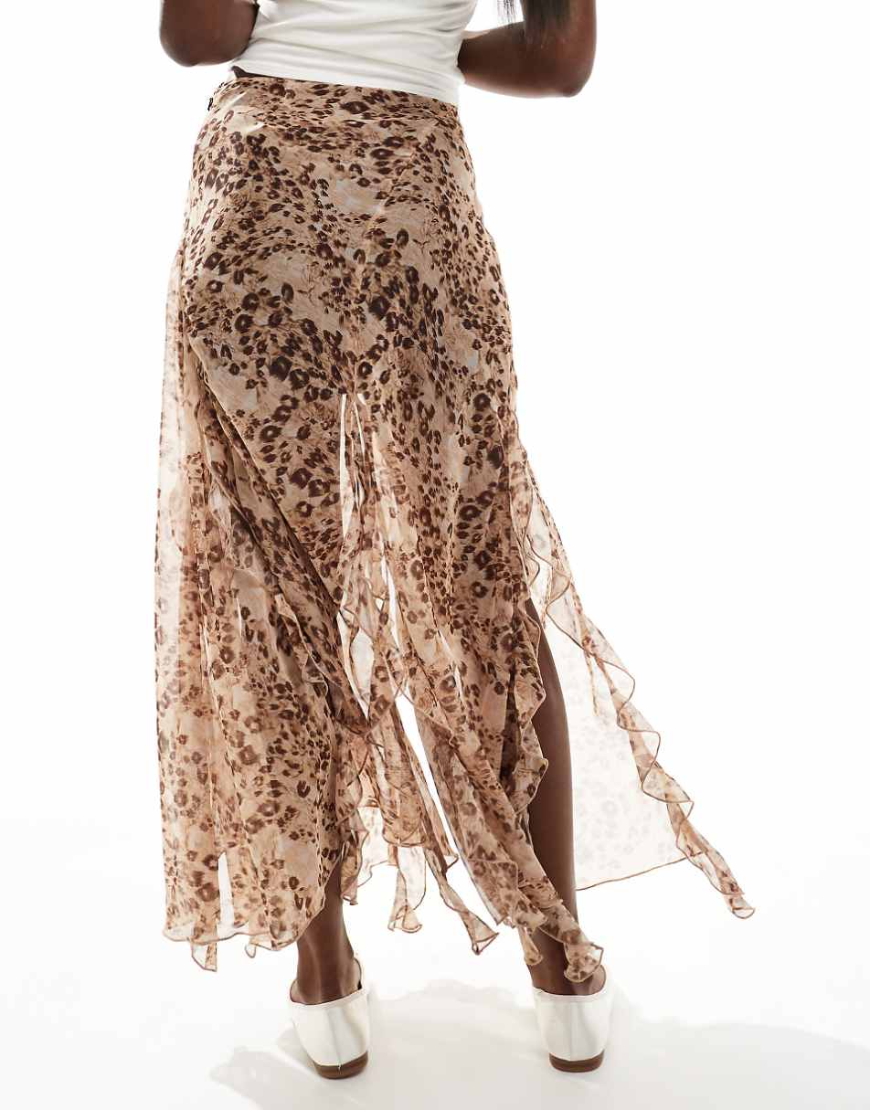 Miss Selfridge chiffon ruffle slit maxi skirt in animal print